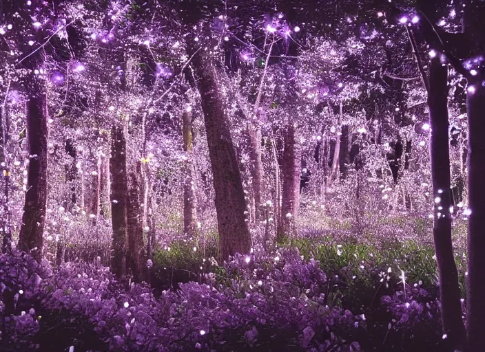 Image similar to a magical forest with crystal flowers that glow in the dusk, low gamma, low exposure ,