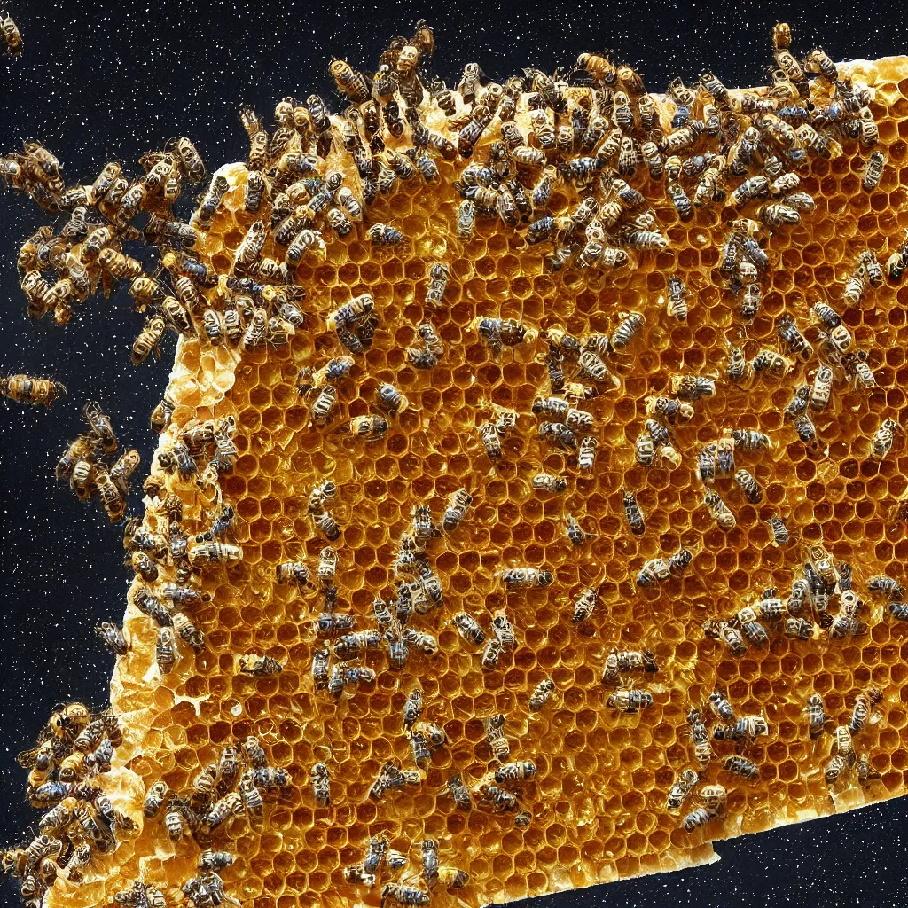 Prompt: james webb telecsope in space, made out of honey, with bees flying around it