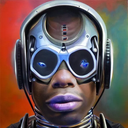 Image similar to a realistic oil painting of a black man as a cybernetic cyborg, surrealism portrait, surrealism album cover