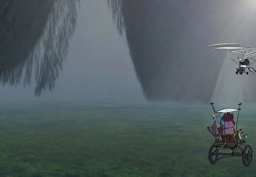 Image similar to a cell - shaded cartoon movie still from howl's moving castle ( 2 0 0 4 ) of a beautiful young woman flying a gyrocopter in a flooded rainforest valley. stonehenge is seen in the background with shafts of sunlight from above. wide shot, very dull muted colors, hd, 4 k, hq