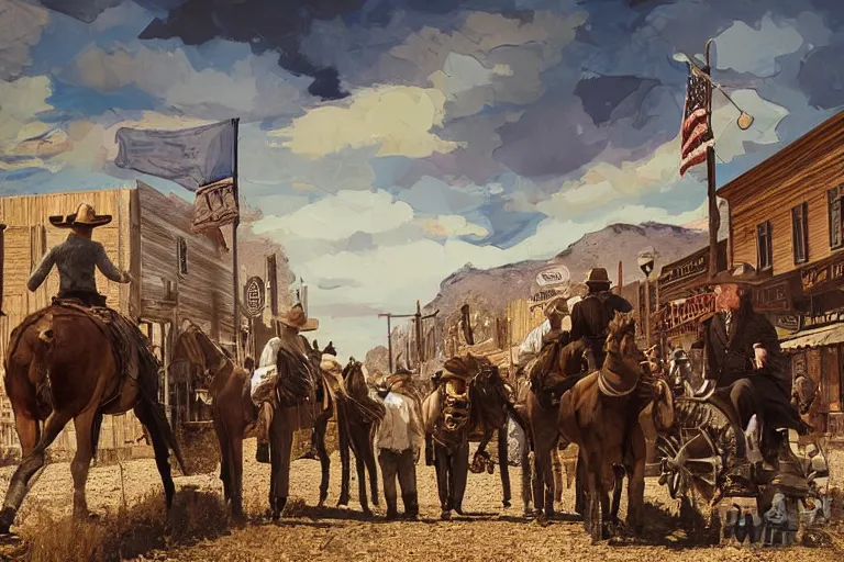 Prompt: a busy main street in the old west with the banker - phillip - seymour - hoffman and two rugged bandits, in the style of an digital painting, art station, realistic, detailed