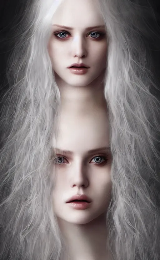 Image similar to a beautiful woman glossy porcelain skin albino, 8 k, sensual, hyperrealistic, hyperdetailed, beautiful face symmetrical, long white hair windy, dark fantasy, fantasy portrait by laura sava