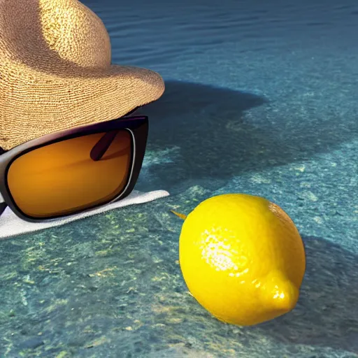 Prompt: a lemon lying down on the beach relaxing while wearing a sunglass photo - realistic