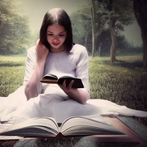 Prompt: a woman in a white dress is reading a book, a screenshot by jin homura, tumblr contest winner, romanticism, movie still, lighthearted, contest winner,