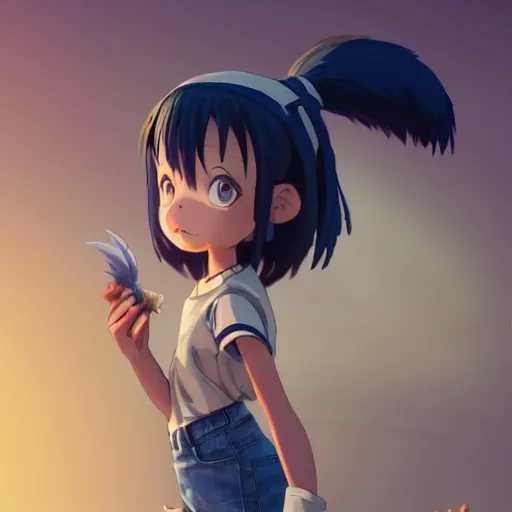 Image similar to a wholesome animation key shot of a dark blue haired girl with a raccoon tail, medium shot, studio ghibli, pixar and disney animation, sharp, rendered in unreal engine 5, anime key art by greg rutkowski, bloom, dramatic lighting