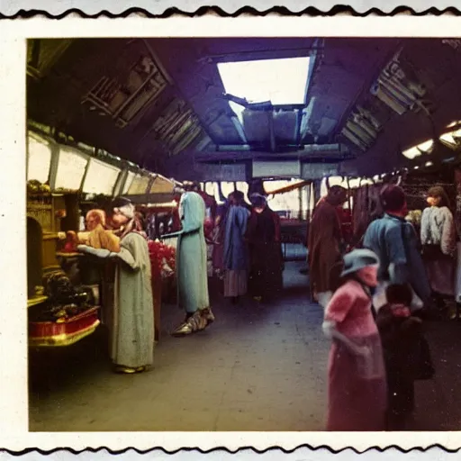 Image similar to marketplace in a space station, 1 6 mm film, 1 9 1 0 s, autochrome