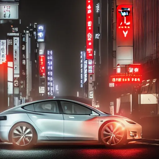 Prompt: tesla in tokyo at a foggy and rainy night, realistic 4 k