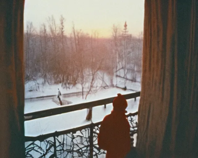 Image similar to lomographic tarkovsky film still of 4 0 years russian man with beard and sweater standing on small hrushevka 9 th floor balcony full with cigarette smoke in winter taiga looking at sunset, cinestill, bokeh