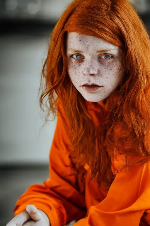 Prompt: portrait photo of a danish teenage girl in an orange jumpsuit. Natural, orange hair, freckles. In an industrial environment. Shallow depth of field. Dramatic lighting. Highly detailed. Closeup.