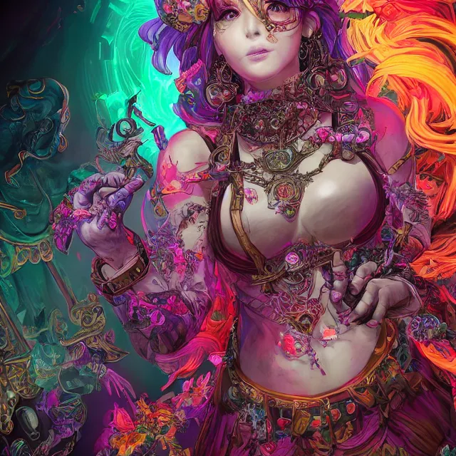 Image similar to the portrait of chaotic evil fallen sensual colorful female necromancer overlord as absurdly beautiful, gorgeous, young idol, an ultrafine hyperdetailed illustration by kim jung gi, irakli nadar, intricate linework, bright colors, octopath traveler, final fantasy, unreal engine 5 highly rendered, global illumination, radiant light, detailed and intricate environment