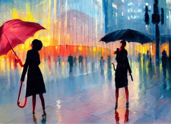 Image similar to evening city scene with medium height young woman with umbrella. beautiful use of light and shadow to create a sense of depth and movement. using energetic brushwork and a limited color palette, providing a distinctive look and expressive quality in a rhythmic composition