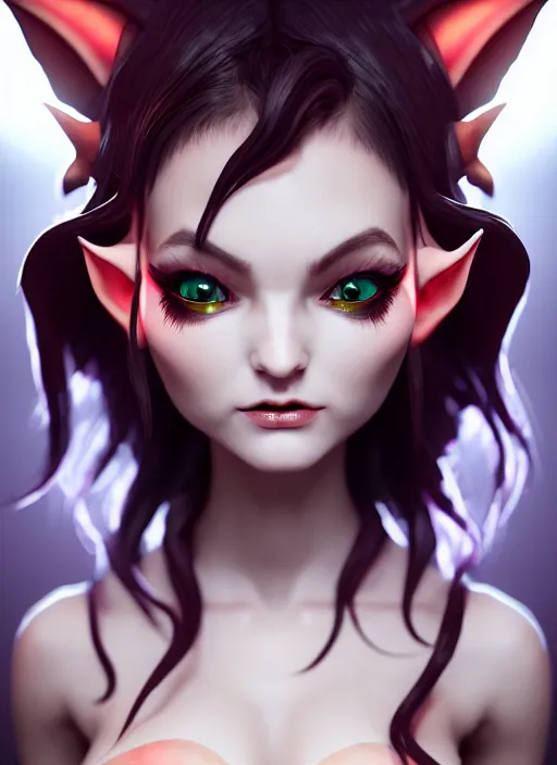 Image similar to imp demon goddess, cute elf ears, strapless dress, character portrait in the style of thomas river and artgerm, cinematic lighting, hyperdetailed, 8 k realistic, symmetrical, global illumination, radiant light,, frostbite 3 engine, cryengine, dof, trending on artstation, digital art, chanel