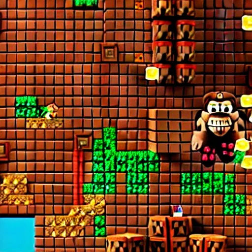 Image similar to Donkey Kong in a beautiful mine with shiny crystals on the wall, floating barrels and minecarts.