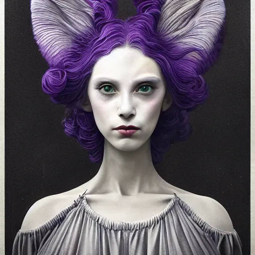 Image similar to actionism, soft painting curiosities carnival, beautiful cat head mutation hybrid in full long dress, symmetry accurate features, focus, very intricate ultrafine details, black white purple volumetric clouds, award winning masterpiece, octane render 8 k hd, tom bagshaw artstyle