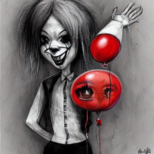Image similar to surrealism grunge cartoon sketch of billie eilish with a wide smile and a red balloon by - michael karcz, loony toons style, pennywise style, horror theme, detailed, elegant, intricate