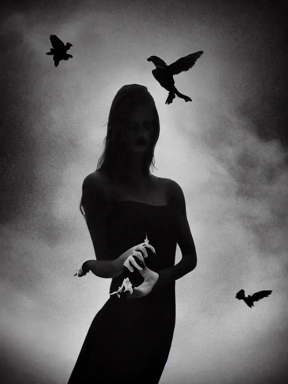 Prompt: portrait of iconic beautiful woman in sophisticated black dress keeping in hands white birds that flying apart turning to smoke and fire and dust. 35mm double-exposure photo, thick fog, daylight, deep shadows, depth of field, cinematic lightning, wide angel, eerie atmosphere, motion blur, HD, smooth and very detailed quality, masterpiece, volumetric lightning, chromatic aberration, Richard Avedon, style of Ade Santora, Tatiana Gorilovsky, cinematic composition, occult, german expressionism, masterpiece, intricate detailed, deep rich palette, wide angel shot