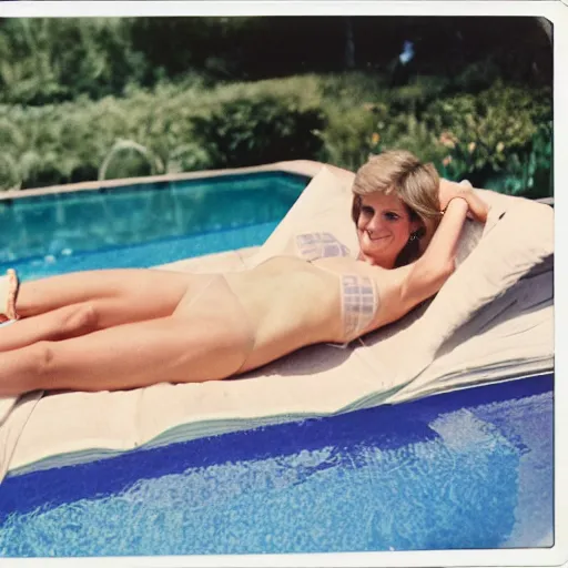 Image similar to found polaroid photo of princess diana laying out by the pool