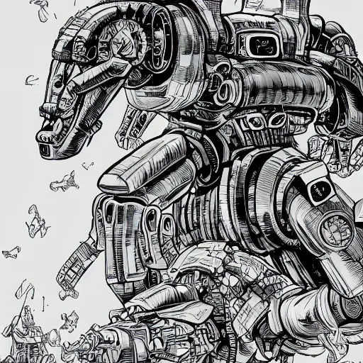 Image similar to hyper-detailed comic illustration of a robot mecha dinosaur eating a police officer