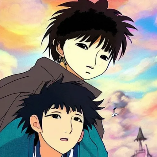 Image similar to “K-pop star Changbin in Howls moving castle, studio Ghibli, fanciful”