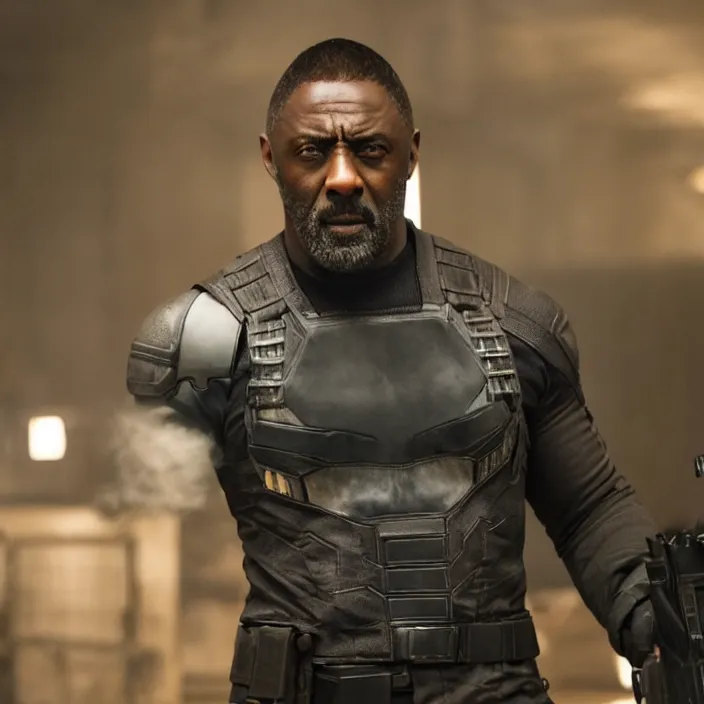 Image similar to film still of Idris Elba as Punisher in new Marvel film, photorealistic 4k