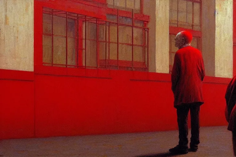 Prompt: only with red, a red old man try to sell a portrait, crowd cheering, in a city square, in the style of beksinski, parts by edward hopper, parts by rodcenko, parts by yue minjun, intricate and epic composition, red by caravaggio, insanely quality, highly detailed, masterpiece, red light, artstation, 4 k