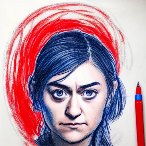 Prompt: loosely sketch of venus arya stark drawn with red and blue ballpoint on white paper