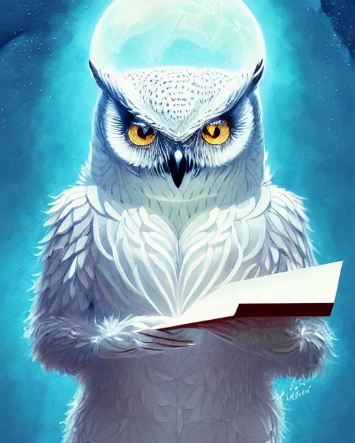 Prompt: beautiful polar owl holding a letter, by artgerm, victo ngai, ryohei hase, artstation, highly detailed digital painting, smooth, global illumination, fantasy art by greg rutkowsky, karl spitzweg, leyendecker