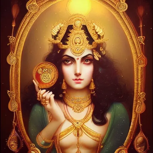 Prompt: lakshmi goddess of wealth, long wavy black hair, beautiful face, wearing golden robe, background of golden coins, tom bagshaw