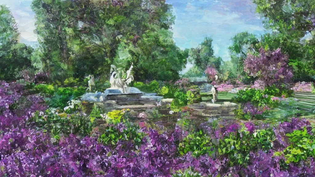 Image similar to tranquil painting of purple garden with green trees and a water fountain in the middle of garden, detailed, 8k, mesmerizing, low saturation, high resolution