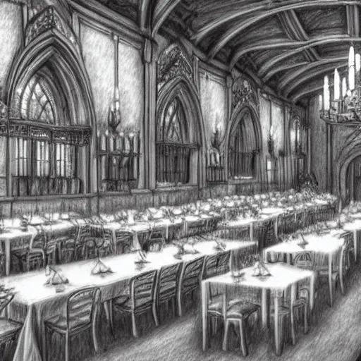 Image similar to incredibly huge castle dining hall with four incredibly long tables with hundreds of chairs full of food, realistic and detailed pencil drawing, artstation