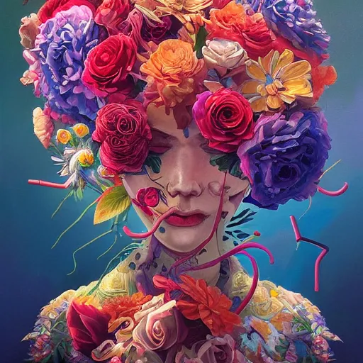 Image similar to a bouquet of colorful flowers, flowers with very long petals,afternoon sunlight, hard light and long shadows, neon glowing, vivid, detailed painting, by James Jean and Ross Tran, masterpiece, award winning painting