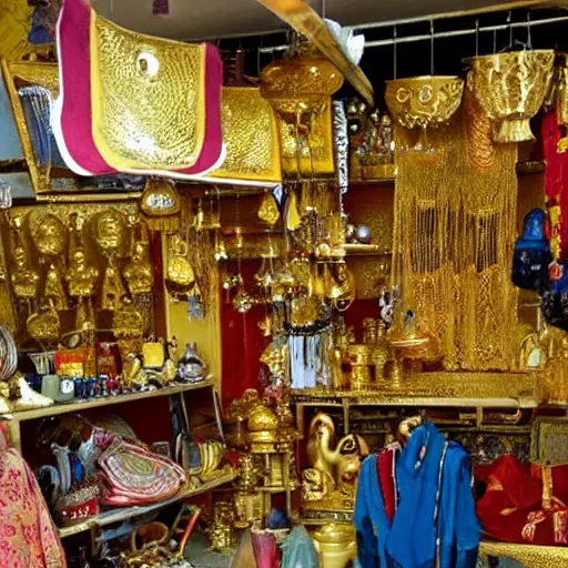 Image similar to a bazaar shop full of golden items, with a genie peeking out of a back room