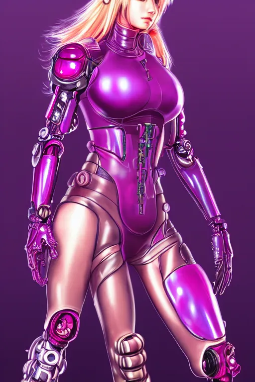 Image similar to samus aran, kowloon cyberpunk, biomechanical oppai, rain, purple and pink neon, by artgerm and kaneko and sorayama and alphonse mucha, trending on artstation