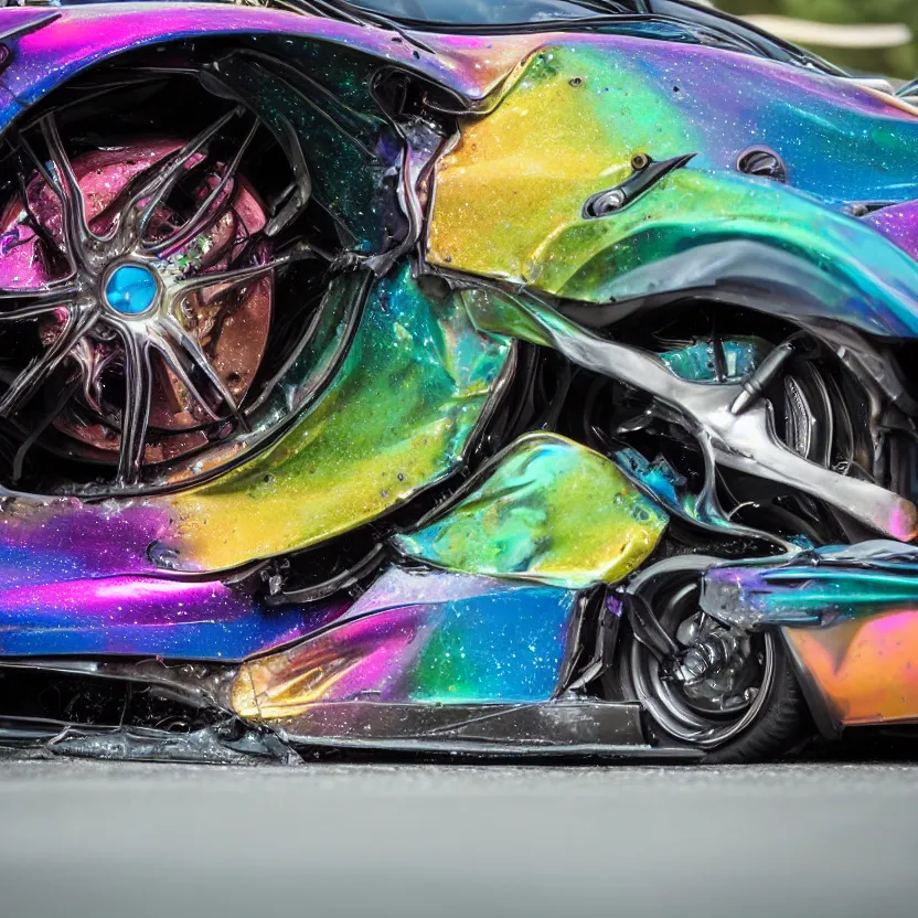 Prompt: close - up of an iridescent rainbow pagani huayra after crashing into a swimming pool, 4 k, highly detailed, award winning, look at all that detail!