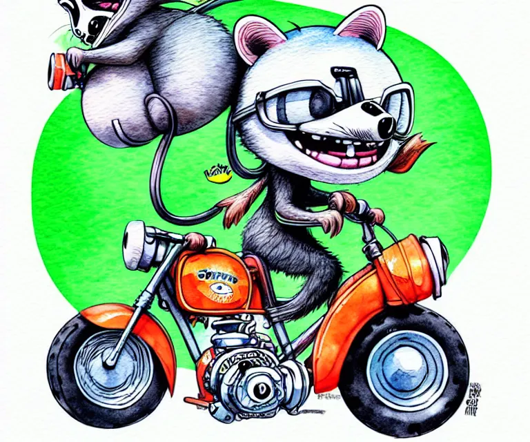 Image similar to cute and funny, racoon wearing a helmet riding in a tiny sport motorcycle with oversized engine, ratfink style by ed roth, centered award winning watercolor pen illustration, isometric illustration by chihiro iwasaki, edited by range murata