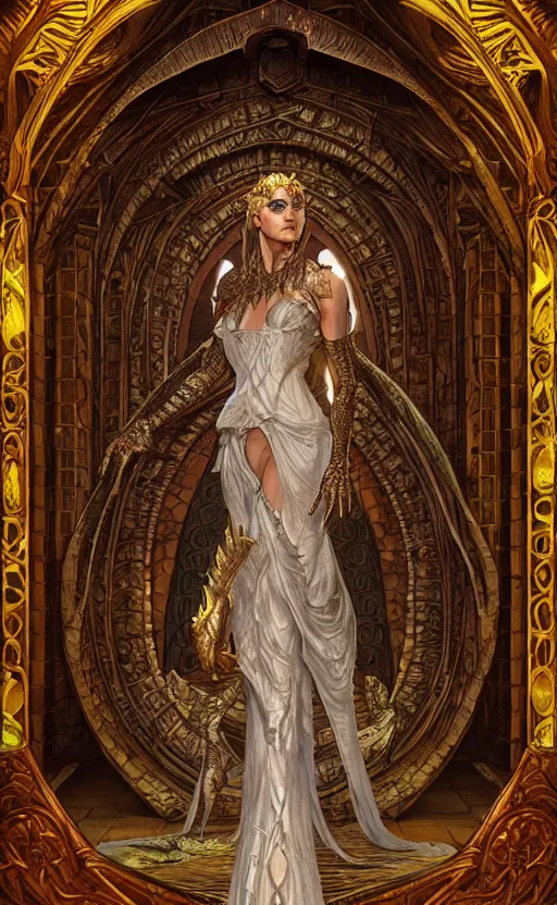 Image similar to crocodile godess in temple portal, reptilian skin, d & d, fantasy, intricate, elegant, highly detailed, digital painting, artstation, concept art, matte, sharp focus, illustration, art by artgerm and greg rutkowski and alphonse mucha