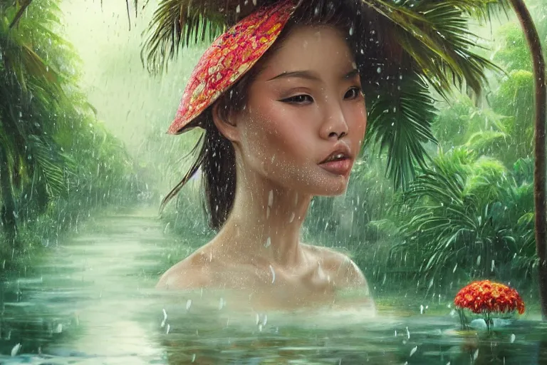 Image similar to ultra realistic illustration, closeup photo, monsoon on tropical island, attractive oriental woman, frontal, ornate, beautiful, atmosphere, vibe, mist, coconuts, rain, wet, pristine, puddles, melting, dripping, creek, bridge, forest, roses, flowers, by stanley artgerm lau, thomas kindkade