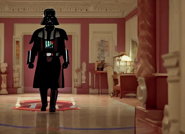 Image similar to a film still of cosplay of darth vader in the grand budapest hotel ( 2 0 1 4 )