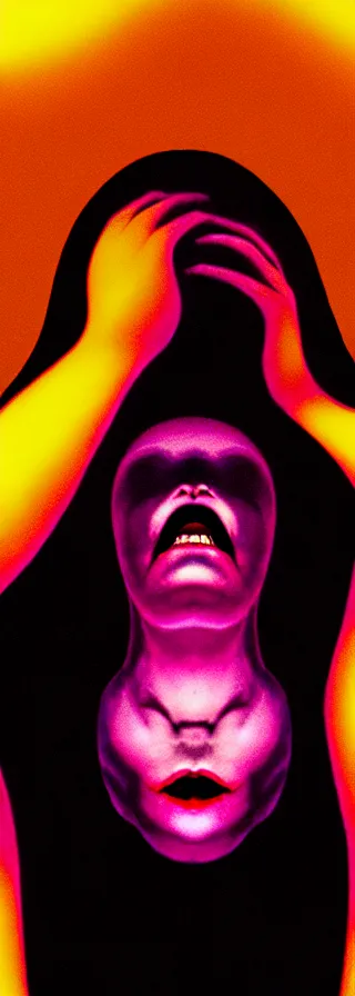 Image similar to bemused to be soon enveloped by a flesh-eating blob creature, hands restrained above her head, Selena Kyle in a black silk tank top in a full frame close-up up of her face and neck in complete focus, looking upwards in a room of lava lamps, complex artistic color ink pen sketch illustration, professional composition, subtle detailing, gentle shadowing, fully immersive reflections in her eyes, concept art by Artgerm and Range Murata in collaboration.
