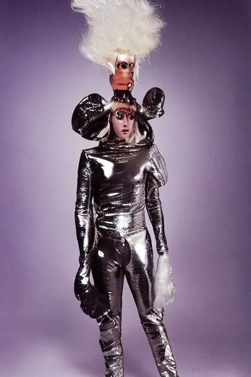 Prompt: portrait davis taylor brown dressed in 1 9 8 1 space fantasy fashion, avante garde, shiny metal, standing in a desert