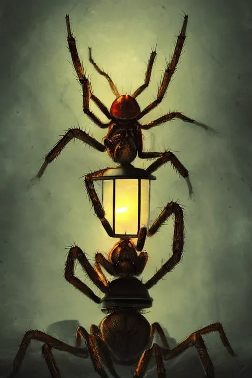 Image similar to a close - up view of an explorer holding a lamp in front of him, with an enormous monstrous spider right behind, dramatic lighting, low angle, wide angle, creepy, horrific, realistic, fantasy art, highly detailed digital art, in the style of emanuele taglietti