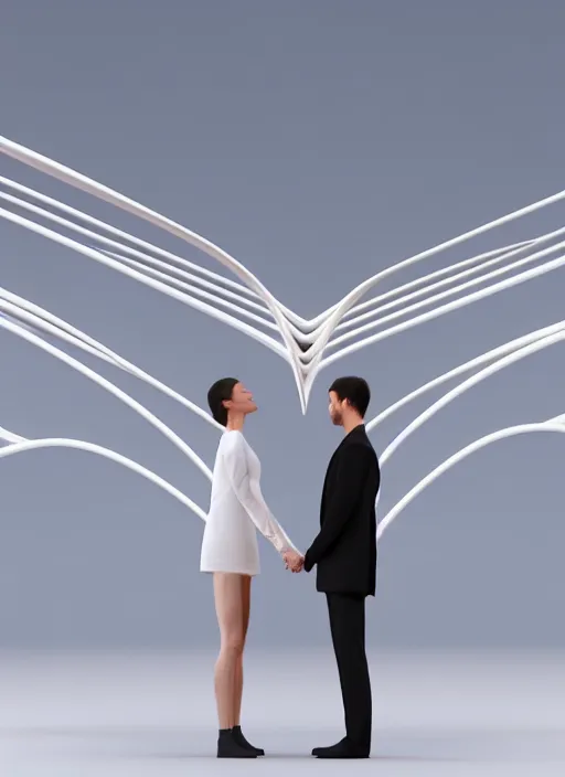 Image similar to perfectly centered symmetrical balanced male and female portrait of man and woman in love sharing one heart. art by santiago calatrava and zaha hadid, high coherence ; 3 d render 8 k octane ultra hd