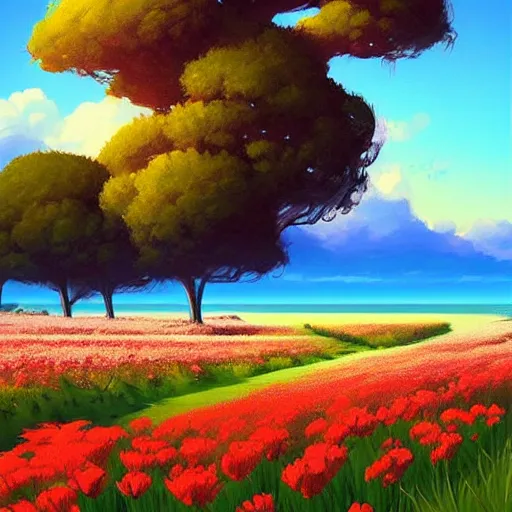 Prompt: digital art of a painting of a flower field with a view of the ocean, poster art by rhads, featured on pixiv, sharp details, neo - romanticism, anime aesthetic, 2 d game art, official art