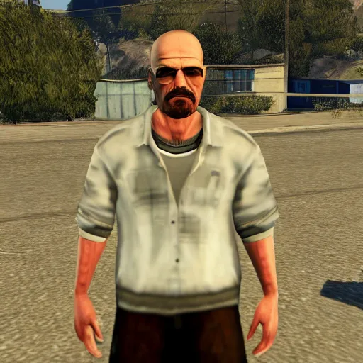 Prompt: Walter White as a character in Gta San Andreas, screenshot, rockstar games, pc game, 4k