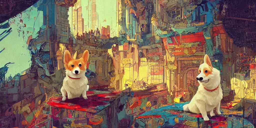 Prompt: beautiful painting of a fantasy corgi king chilling in his palace, by Jamie Hewlett, Victo Ngai, Ismail Inceoglu. trending on Artstation, 8k, masterpiece, graffiti paint, fine detail, full of color, intricate detail, golden ratio illustration