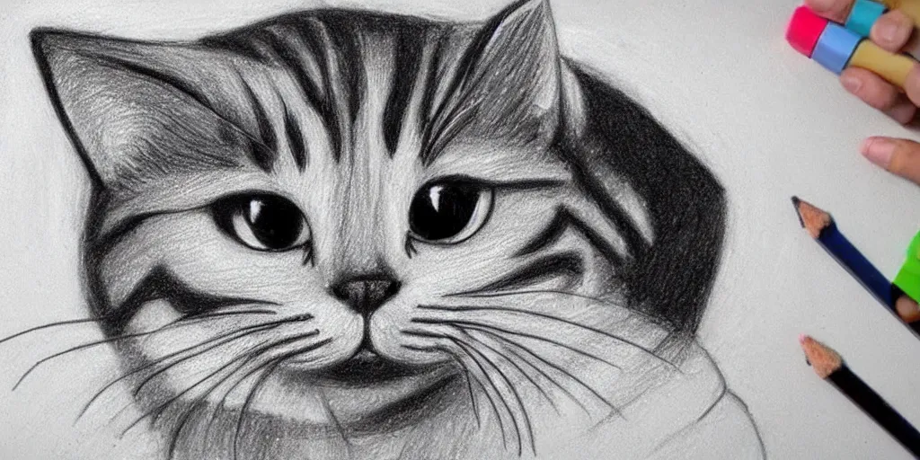 Image similar to how to draw a cute cat, step by step, on black board, chalk drawing