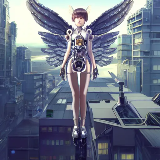 Image similar to cute cyborg - angel girl with large angelic wings standing on the edge of a rooftop overlooking a dystopian city, left eye gold and right eye silver, biomechanical details, bionic cyborg implants, digital cyberpunk - anime art, full body shot, wlop, ilya kuvshinov, artgerm, krenz cushart, greg rutkowski