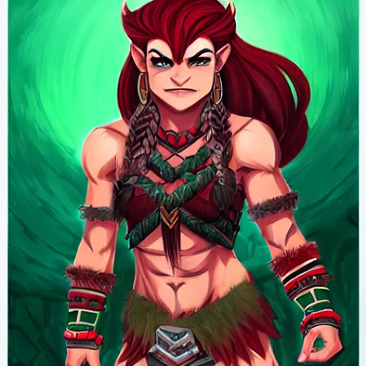 Prompt: <half orc barbarian> with red braided hairstyle and with <skin that is green>, <wearing brown leather armor>, illustration by rossdraws
