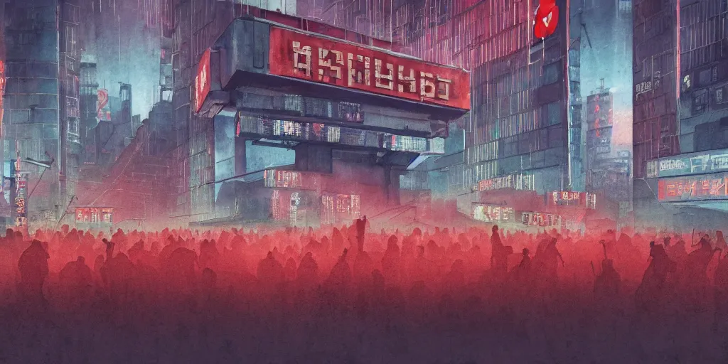 Image similar to landscape of a communist cyberpunk soviet city with neon hammer and sickle signs, crowds of people, brutalist architecture, watercolor, ultra realistic, highly detailed, hd, sharp focus, cinematic lighting, mood lighting, realistic, photorealistic, vivid colors, painting, photograph, digital art, non blurry, sharp, artstation, concept art, smooth, illustration