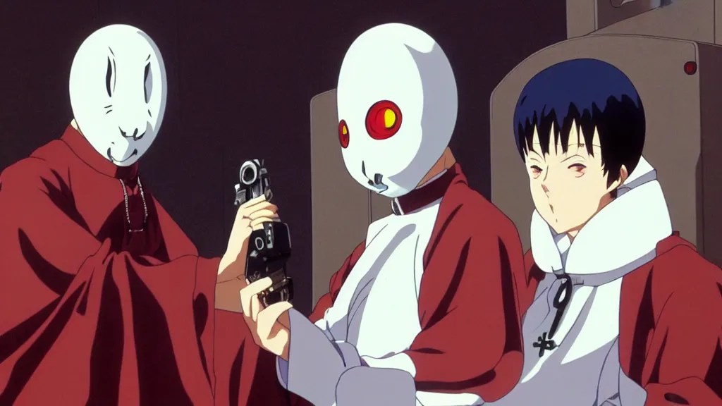 Prompt: a man wearing priest clothes and a white rabbit mask sitting in a confessional holding a pistol, anime film still from the an anime directed by Katsuhiro Otomo with art direction by Salvador Dalí, wide lens